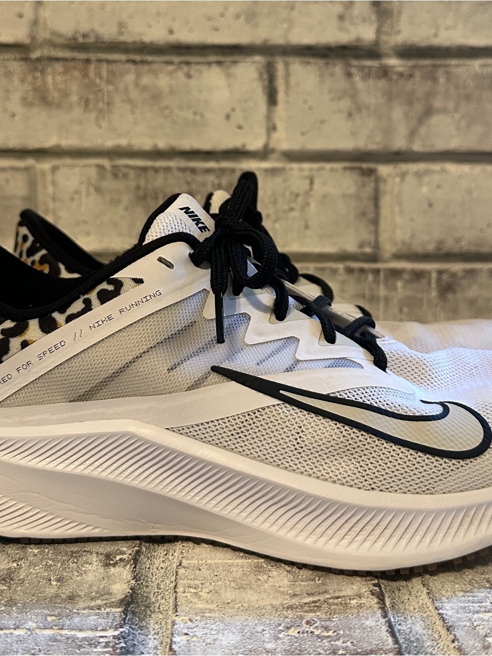 Nike White and Black Running Shoe with Leopard Accent